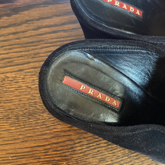 Black suede Prada slip on wedges authentic size 37.5 fits a U.S. 7 GUC - Picture 2 of 4